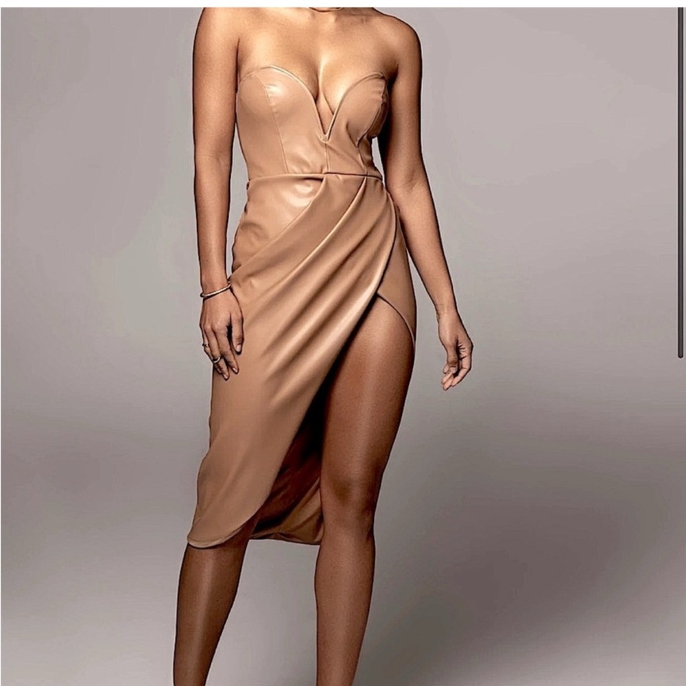 JLUXLABEL Gold Asymmetrical Ruched Midi Dress